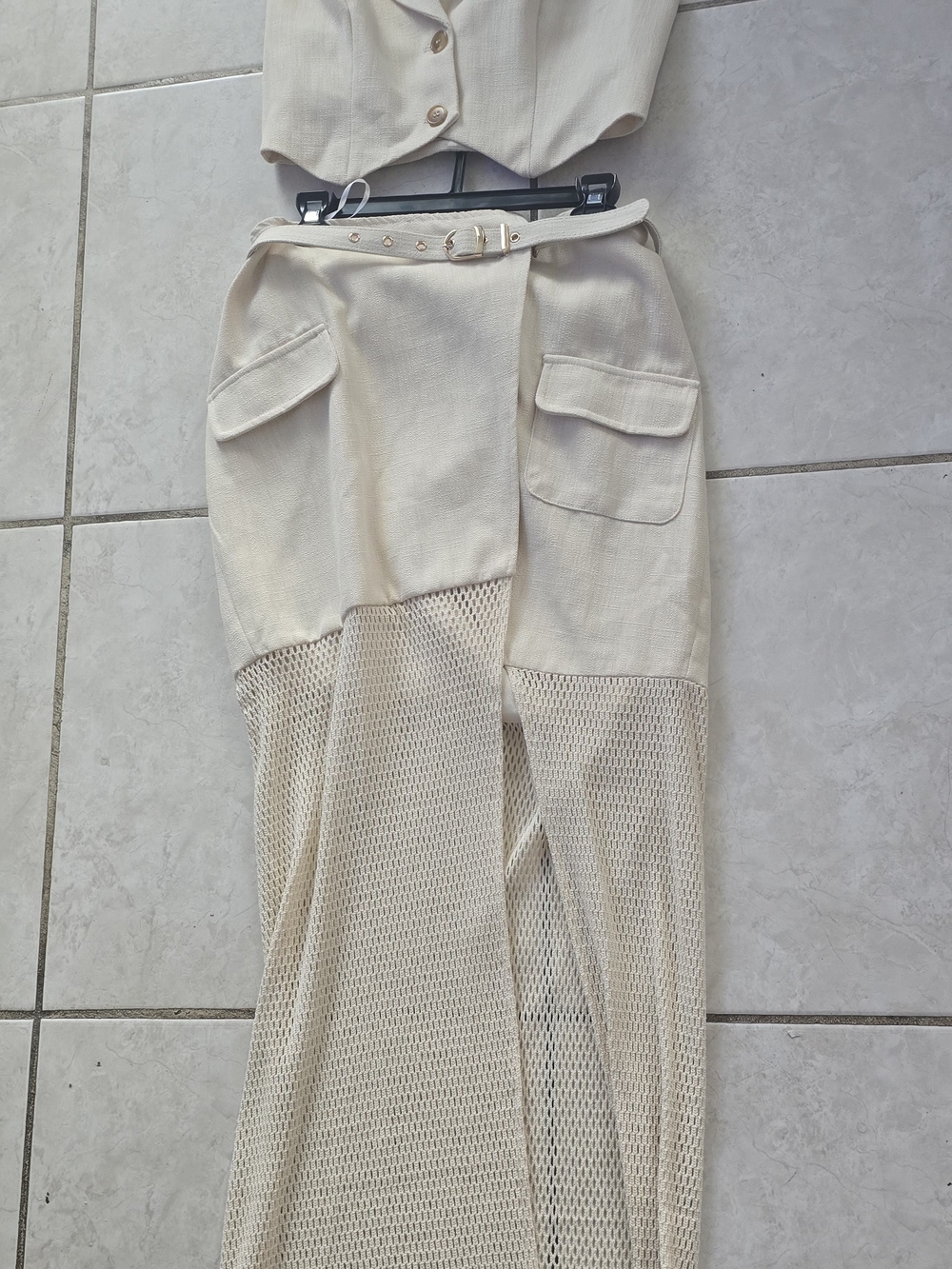 Cream High-Waist Maxi Skirt with Mesh Panel 2 Pices Set
